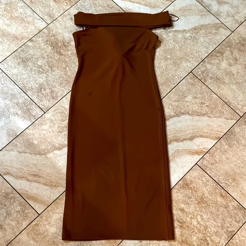 NWT Zara Brown Asymmetrical Strapless Bodycon Dress